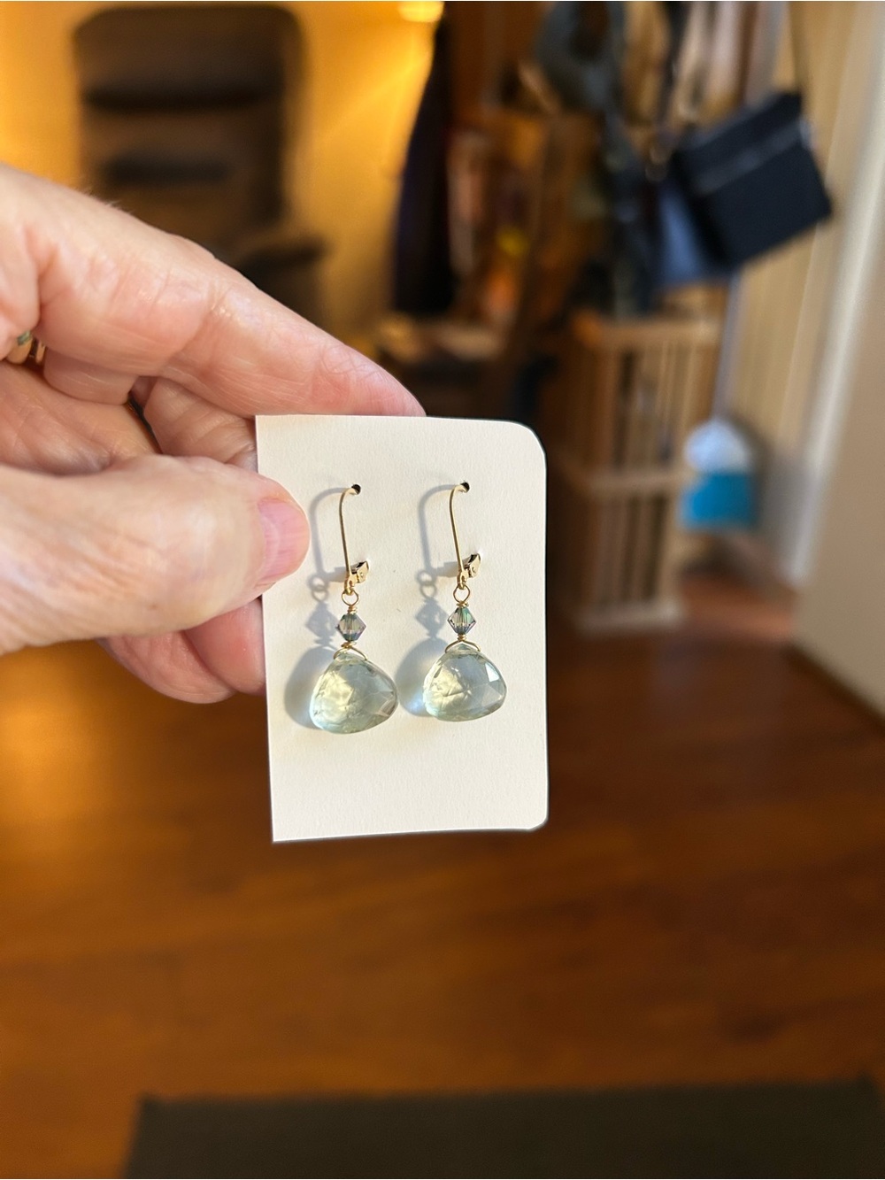 Gold Hook Earrings with Pale Green Amethyst Gem Drops